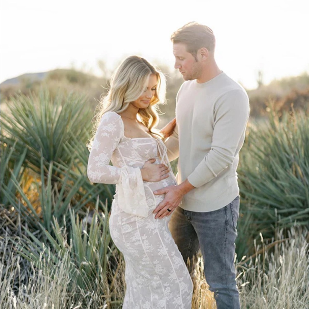 Lace Long Sleeve Maternity Maxi Dress - White- Mommy Knows Brand